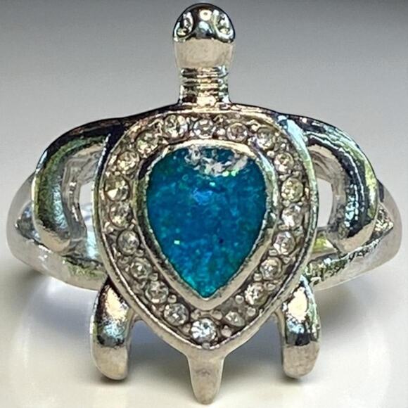 Silver Turtle Ring with Blue Stone - Picture 1 of 6